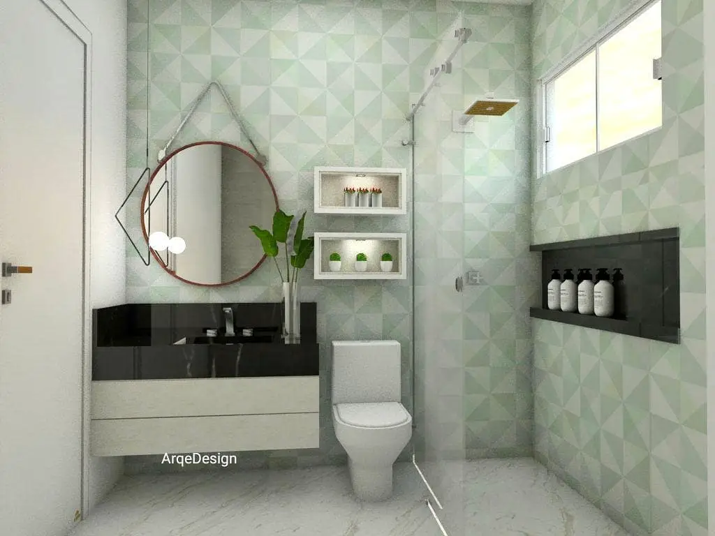 Banheiro pequeno moderno com armário e nichos aproveitando o espaço embaixo da pia e por cima do vaso sanitário