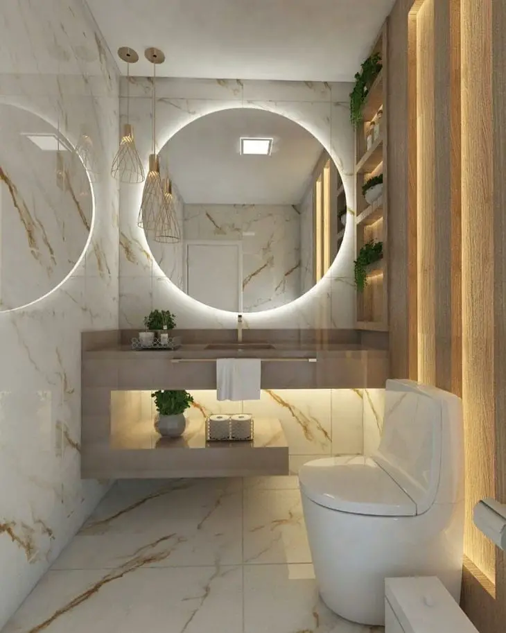 Banheiro moderno e cheio de estilo com pontos de iluminação localizada
