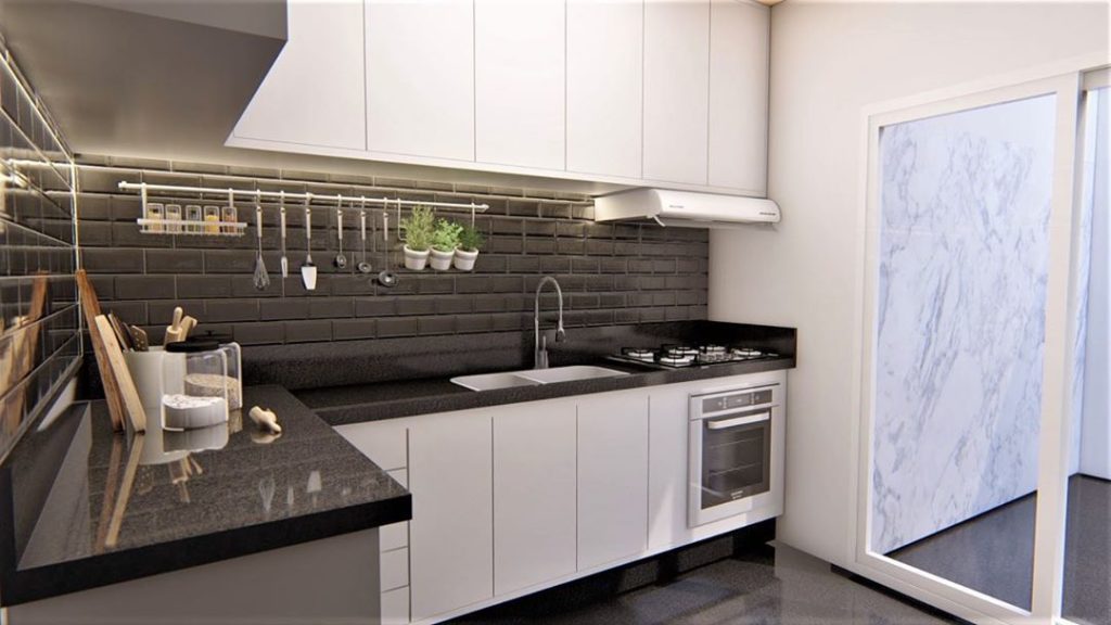 Cozinha em branco e preto com estilo muito clean. 