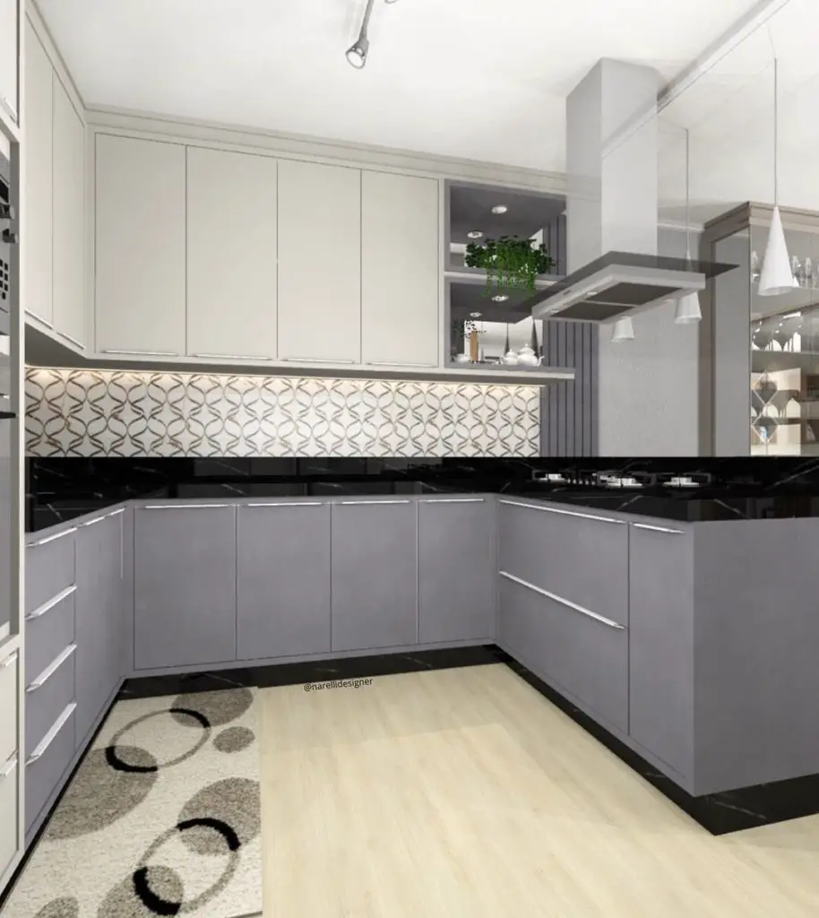 Cozinha moderna em cinza com muito espaço para arrumação.