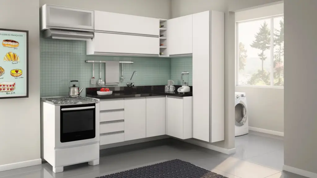 Para espaços pequenos uma cozinha planejada branca, compacta e de linhas retas.