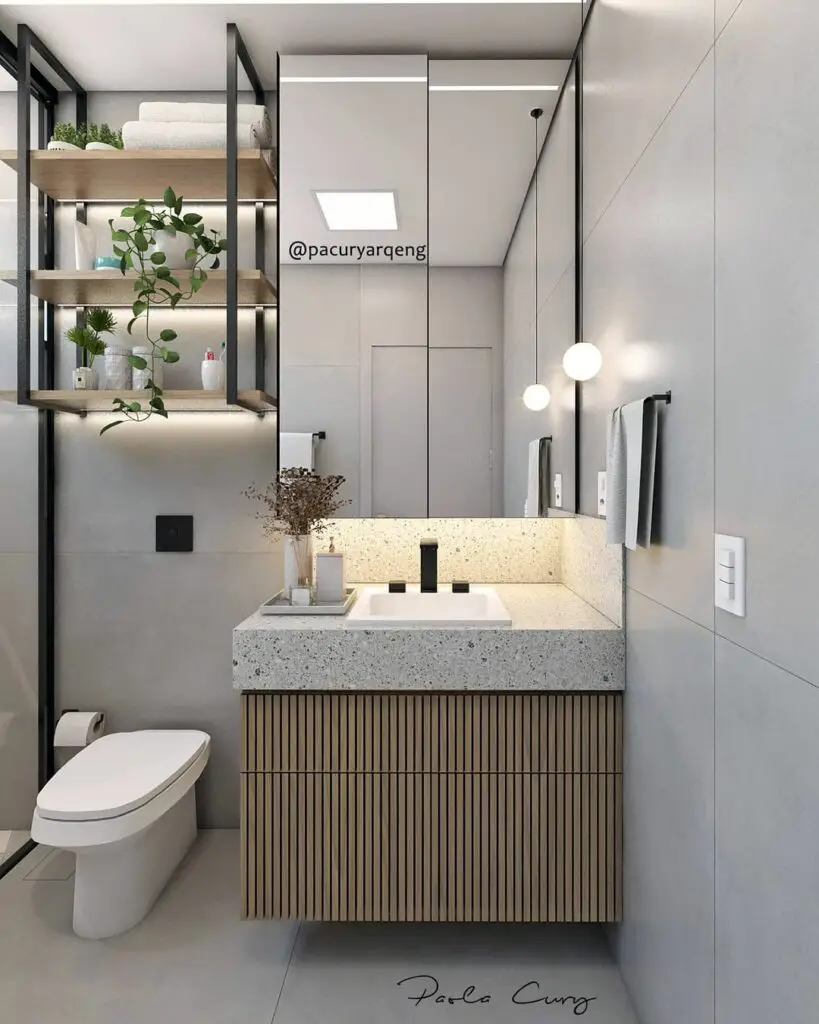 Banheiro com prateleiras com iluminação integrada