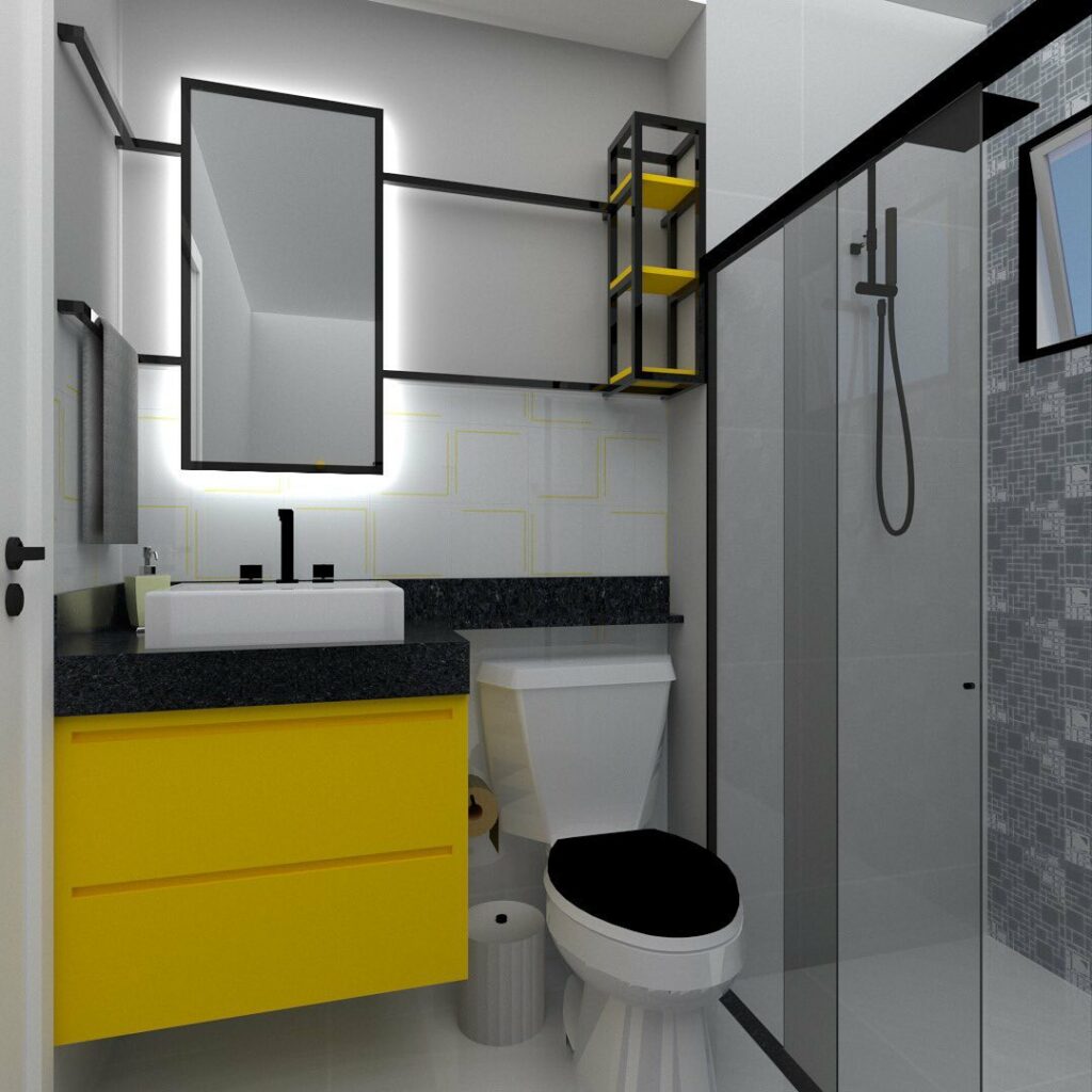 Banheiro em estilo industrial com detalhes em amarelo