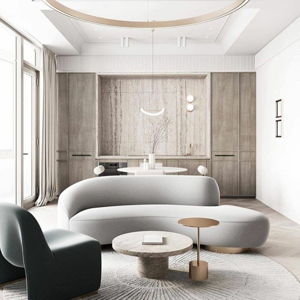 Sala de estar moderna decorada com sofá e poltrona de design contemporâneo