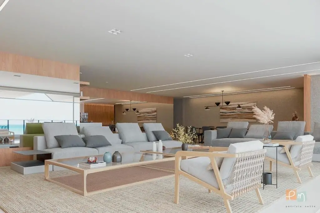 Sala de estar moderna sofisticada em cinza e madeira