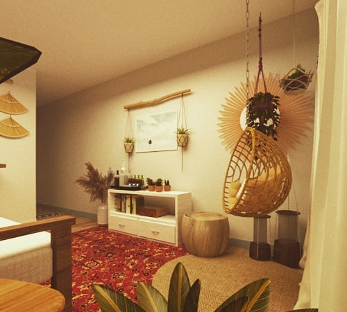 Sala de estar pequena com decoração original e exótica