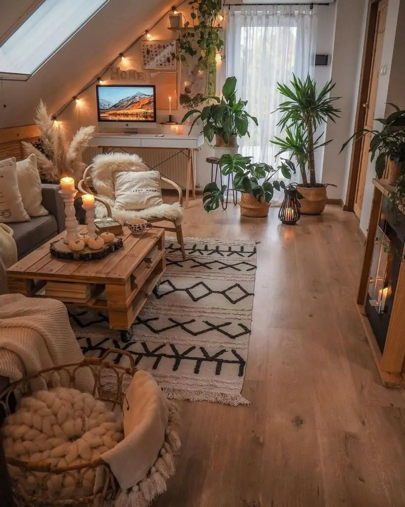 Sala de estar pequena com decoração exótica e muitas plantas 