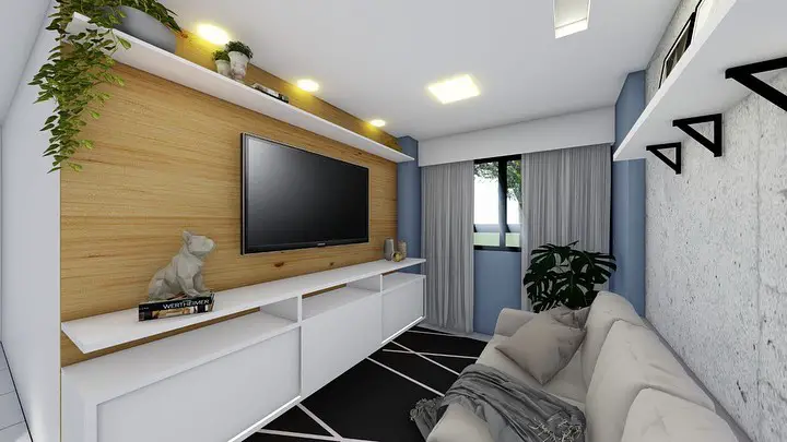 Sala de estar pequena em estilo clean com tapete contrastando em preto 
