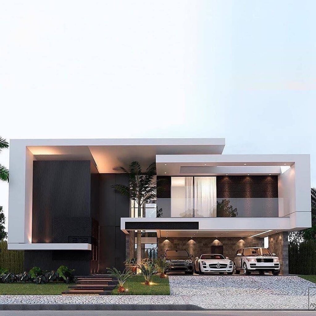 Fachada de casa moderna combinando preto e branco