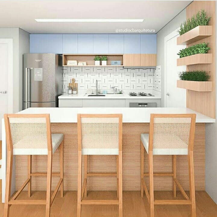 Cozinha americana pequena com prateleiras decorativas com plantas