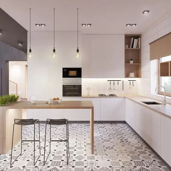 Modelo de cozinha com bancada com revestimento do chão em azulejos com padrões