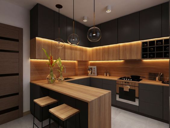 Modelo de cozinha moderna com iluminação integrada nos armários