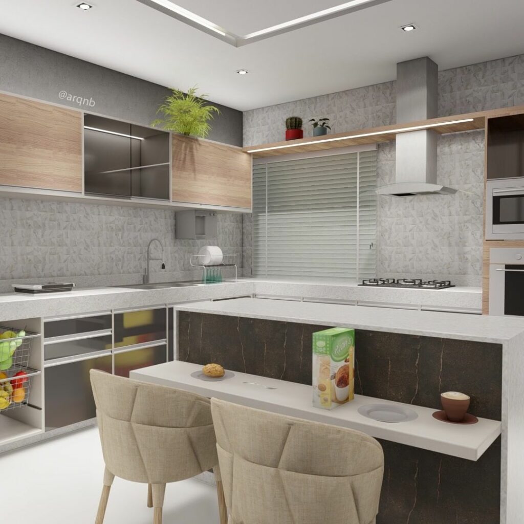 Modelo de cozinha planejada em cinza, branco e amadeirado