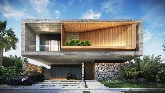 fachada de casa moderna em cinza e madeira
