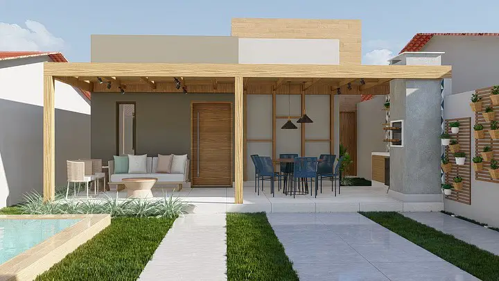 Fachada de casa simples em concreto e madeira