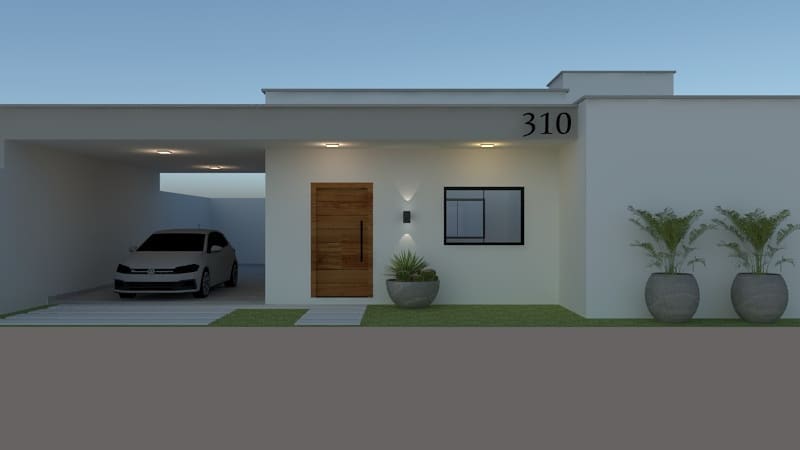 Fachada de casa simples térrea com garagem aberta