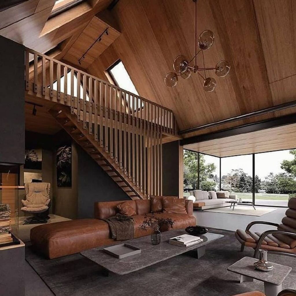 Casa moderna em madeira com mezanino sala