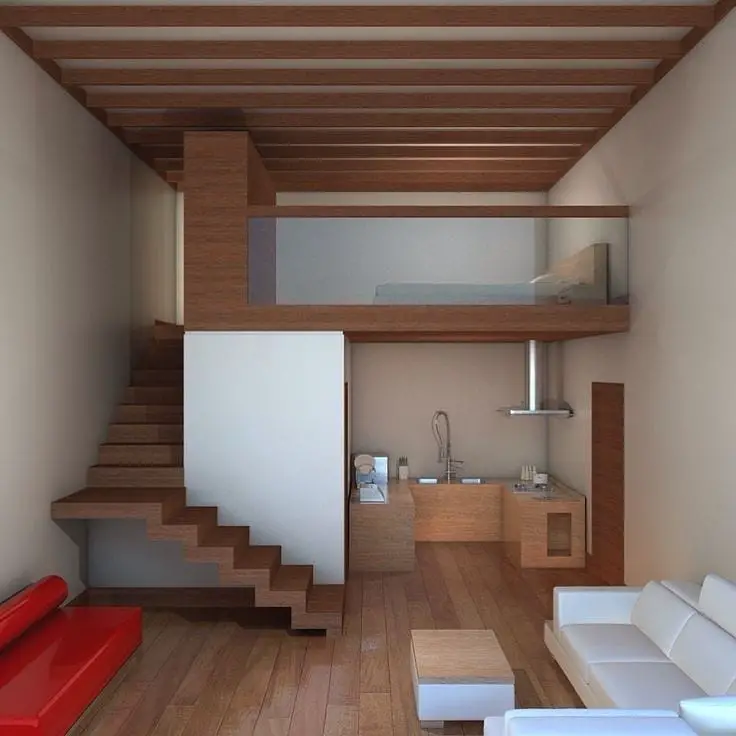 Casa pequena com decoração minimalista com mezanino quarto