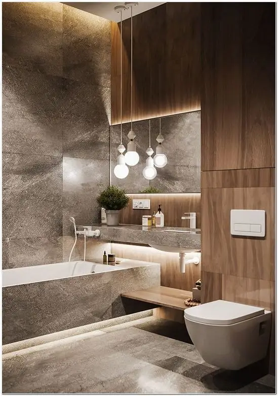 Modelo de banheiro moderno com iluminação decorativa