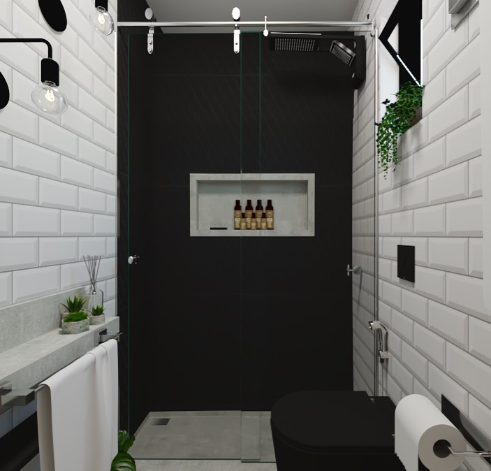Modelo de banheiro pequeno em preto e branco