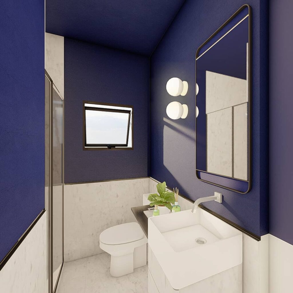 Modelo de banheiro social em azul e branco
