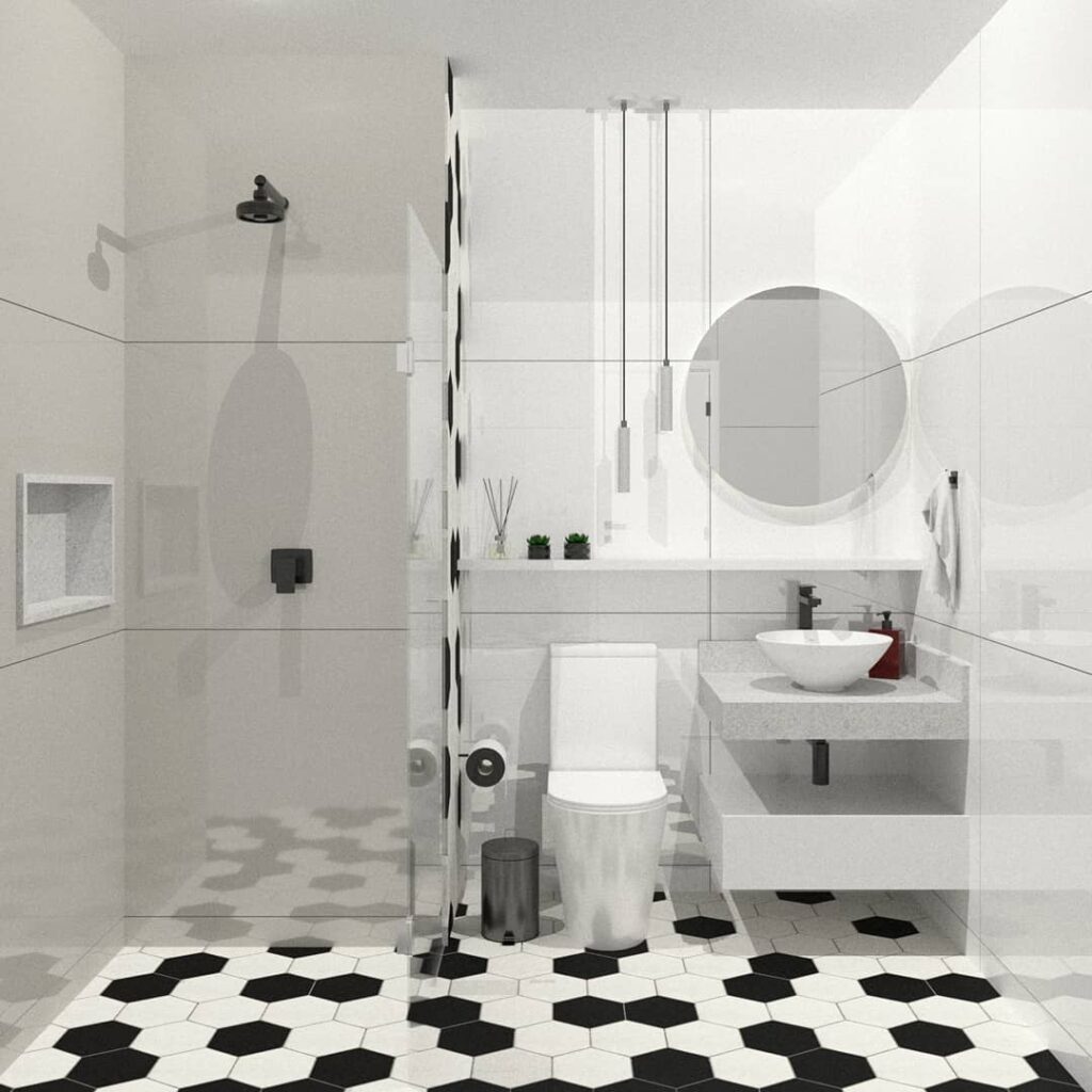 Modelo de banheiro social em preto e branco