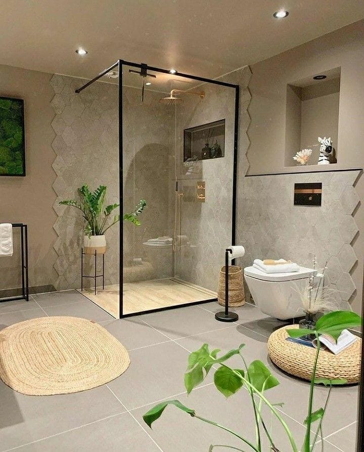 Modelo de banheiro moderno com detalhes rústicos