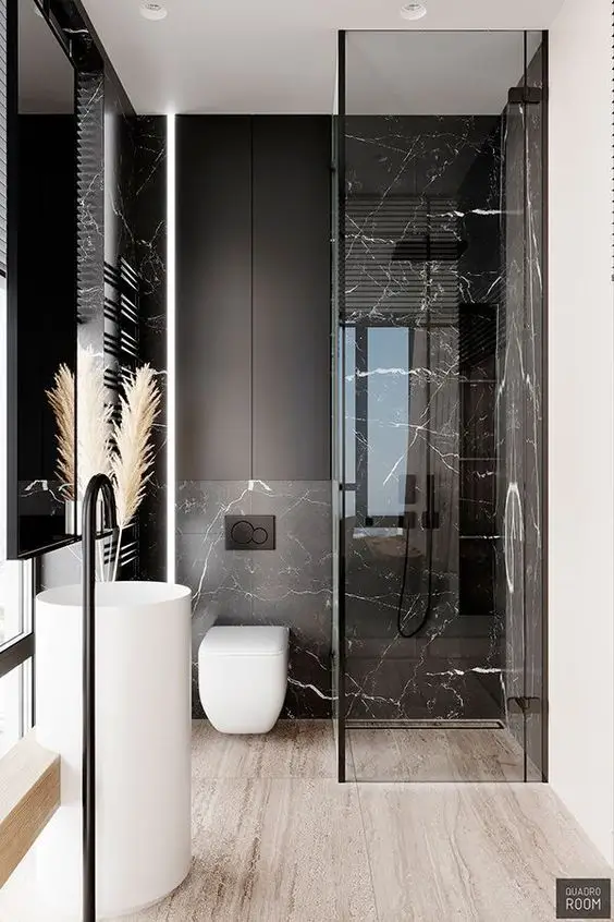 Modelo de banheiro moderno em branco e preto