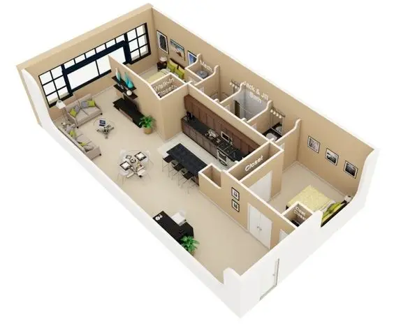 Planta de casa 3D com 2 quartos e cozinha americana