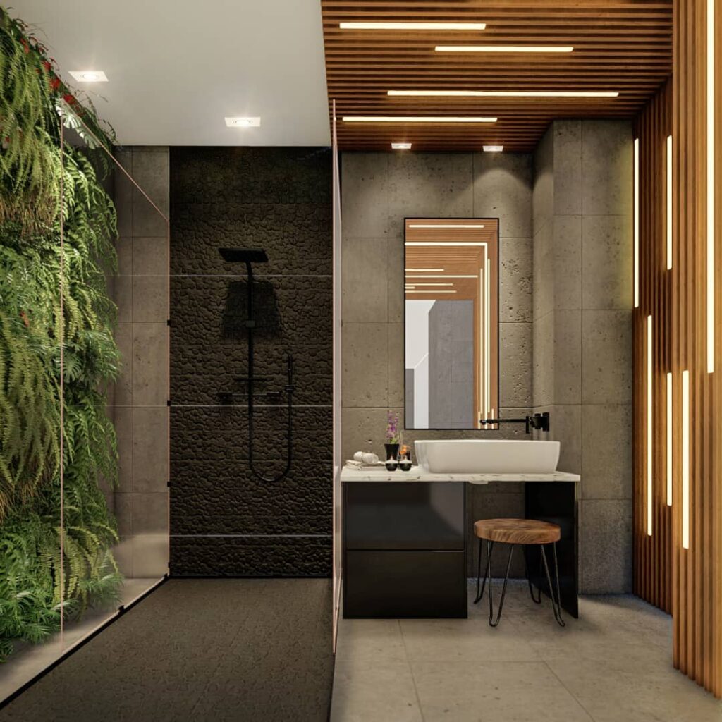 banheiro moderno com revestimentos separando espaços