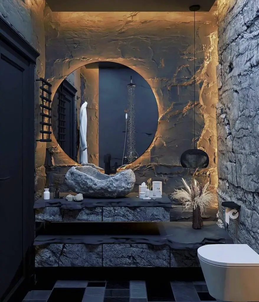 banheiro moderno com revestimento em pedra