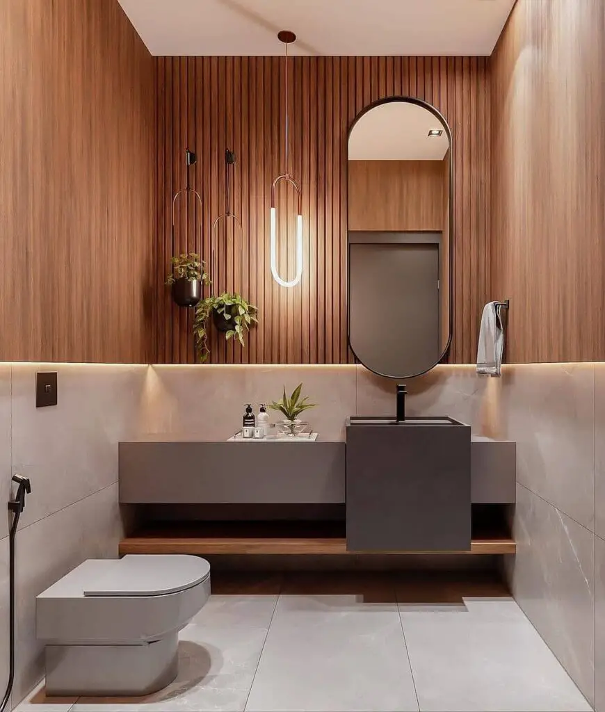 banheiro moderno com vasos suspensos