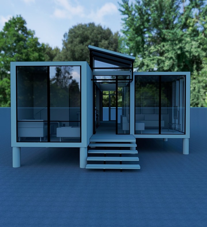 Modelo de casa com estrutura metálica e fachada em vidro