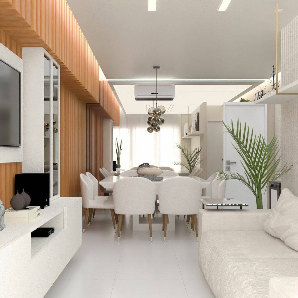 Sala de estar e jantar com móveis planejados